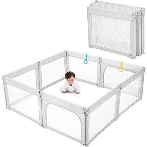 Doradotey Foldable 71"x79" Baby Playpen – 8-Panel Breathable Mesh Play Yard with Shape-Flex Design, Easy No-Tools Setup & Portable Storage for Indoor/Outdoor Safety, Light Grey