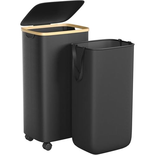 100L Laundry Hamper with Wheels, Rolling Laundry Basket with Lid and 2-Inch Silent Wheels, Collapsible Tall Clothes Hamper with Bamboo Handles for Clothes Toys in Dorm Bedroom Bathroom, Black