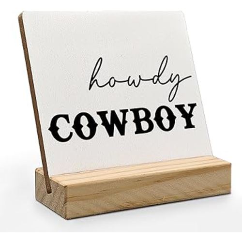 Western Cowboy Desk Decor, Howdy Sign Western Cowboy Wood Plaque, Howdy Cowboy Western Wooden Plaque Sign with Wood Stand for Home Office Farmhouse Shelf Tabletop Decor