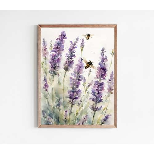 Bee Painting Lavender Art Print Watercolor Landscape Flower Meadow Wall Art Honey Bee Artwork Farmhouse Wall Decor