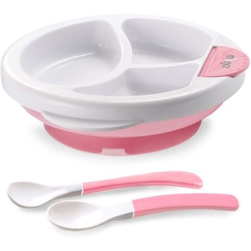 Matyz Baby Feeding Suction Warm Plate with Draining and Drying Design - Stay Put Divided Plate for Kids - Including 1 Toddler Plate and 2 Spoons - Microwave & Dishwasher Safe (Pink)