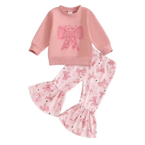 Eadrioss Baby Toddler Girl Outfit Daddy's Girl Bow Crew Neck Sweatshirt Shirts Bow Flare Pant Valentines Outfit Clothes