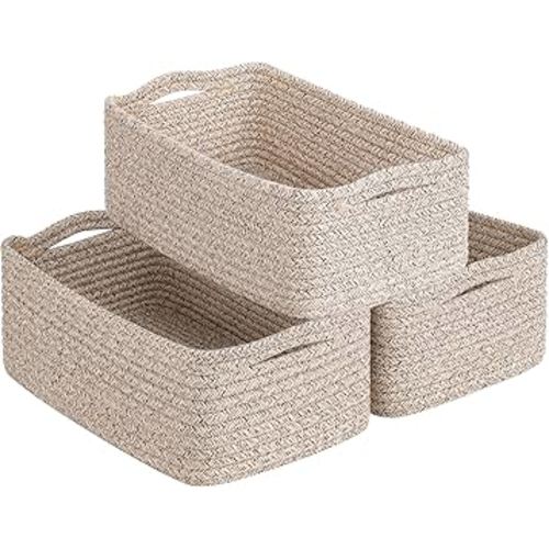 Goodpick Baskets for Organizing, Storage Basket for Shelves, Baskets for Gifts, Woven Bakset 3 Pack for Living Room, 11 x 7 x 4.5 in, White & Brown