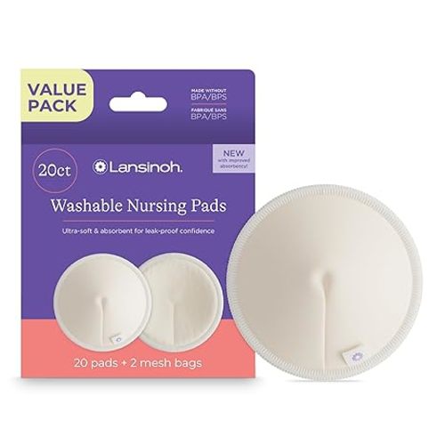 Lansinoh Washable Nursing Pads, Made with Organic Bamboo Viscose, Reusable Breast Pads for Breastfeeding with Wash Bag, Breastfeeding Essentials, 10 Count