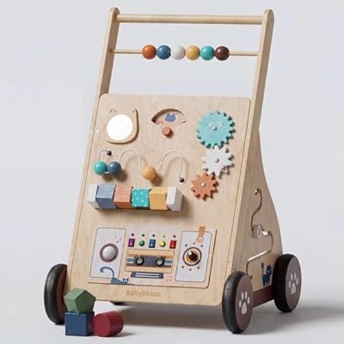 Wooden Baby Walker with Adjustable Speed, Montessori Baby Push Walker & Activity Center, Musical Busy Board with Shape Sorter, Gear Wheels and Bead Maze, Learning to Walk Toy for 9M+ Toddlers