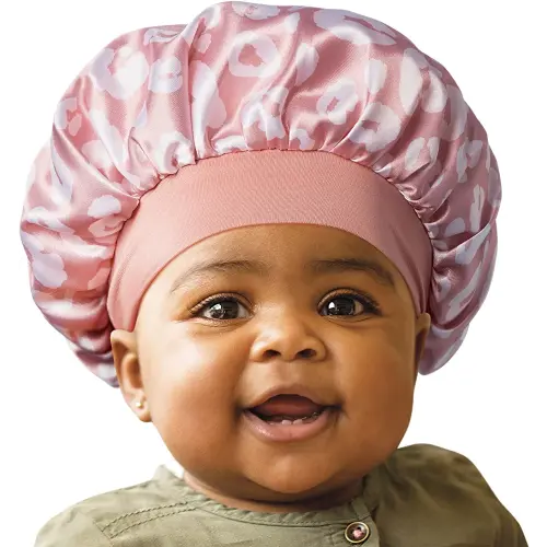 Red by Kiss Baby Satin Bonnet Sleep Cap for Infants,Soft, Stretchy, and Safe, Protects Baby Hair from Frizz & Breakage, Friction Bald Spots (Pink Leopard, 6-18M)