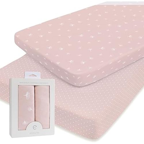 Ely’s & Co. Pack N Play│Playard│Portable Crib Sheet 2-Pack - Combed, 100% Jersey Cotton for Baby Girl — Rosewater Pink, Pin Dots & Gingko Leaves