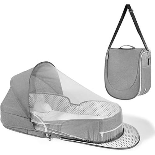 Dr. Pure Portable Baby Bassinet for Travel: Lightweight Foldable Infants Bed Crib for 0-12 Months Newborn with 2-1 Mosquito Netting and Blackout Curtain - Baby Essentials Gift