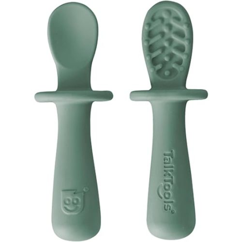 TalkTools ITSY Tiny Silicone Spoons – Twin Pack Soft Silicone Self-Feeding Training Spoons for Kids & Toddlers, Anti-Choking Flange Guard and Non-Slip Handle (Sage)