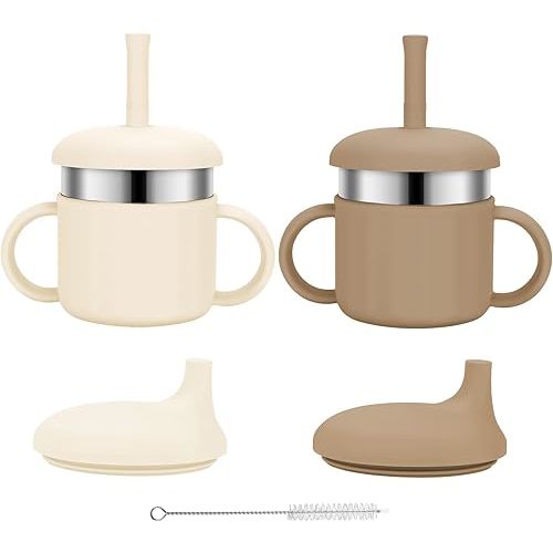 Baby Sippy Cups, 7.4 Oz 3 Stages Training Straw Cups for Infants Toddlers 6-12 Month and Kids 1-3 Year, Stainless Steel Kid Cups with Silicone Straws (Beige+Brown)