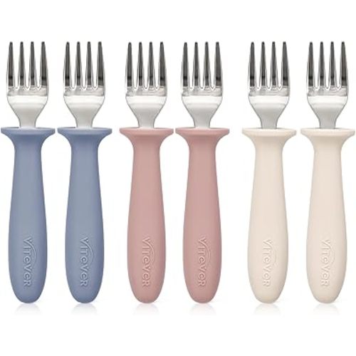 6 Pieces Toddler Forks,Kids Safe Utensils Set with Silicone Round Handle for Self Feeding,18/8 Stainless Steel Baby Forks,Children's Silverware Set BPA Free, Dishwasher Safe
