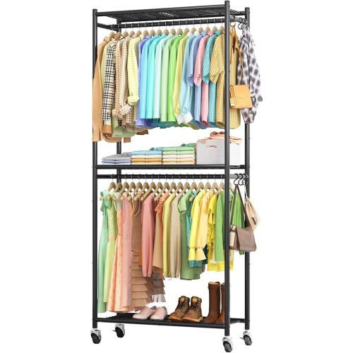 Clothes Rack - 33.0" x 12.2" x 79.5" Clothing Rack with Shelves & Wheels, Multi-Functional Wardrobe Closet with Hooks, Sturdy Metal Garment Rack for Bedroom, Laundry, Balcony (Black)