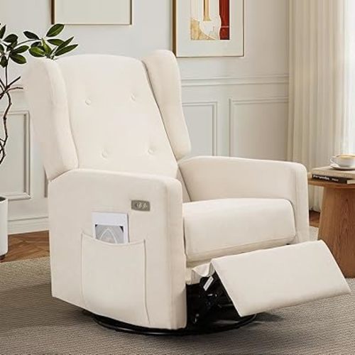Oversized Power Swivel Recliner Chair for Adults, Electric Chenille Nursery Rocking Glider Chair with USB and Type-C Ports, Wide Rocker for Living Room, Bedroom, Beige