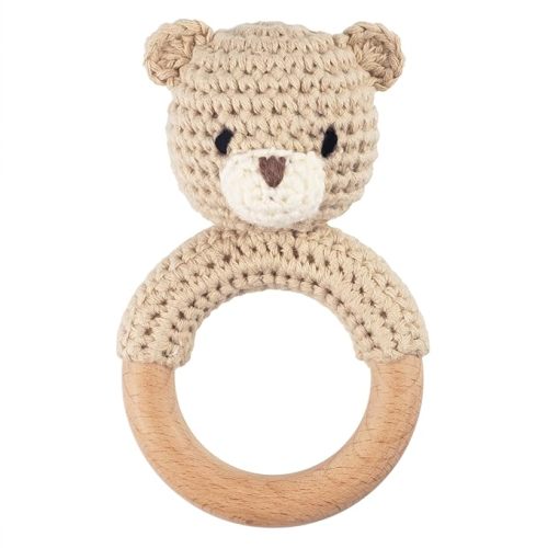 Joliecraft Safari Animals Wooden Baby Rattle Toys Stuffed Crochet Rattle with Teether Ring for Newborn, Beige Bear