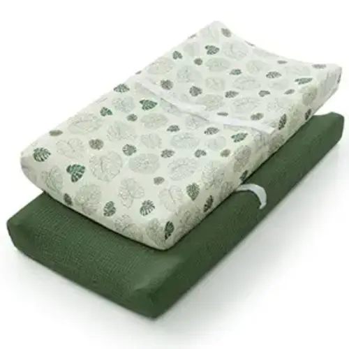 Blissful Diary Muslin Changing Pad Cover for Girls Boys, Ultra Soft Breathable Cotton, Baby Diaper Change Table Pad Covers, 2Pack (Monstera Leaves&Dark Green)