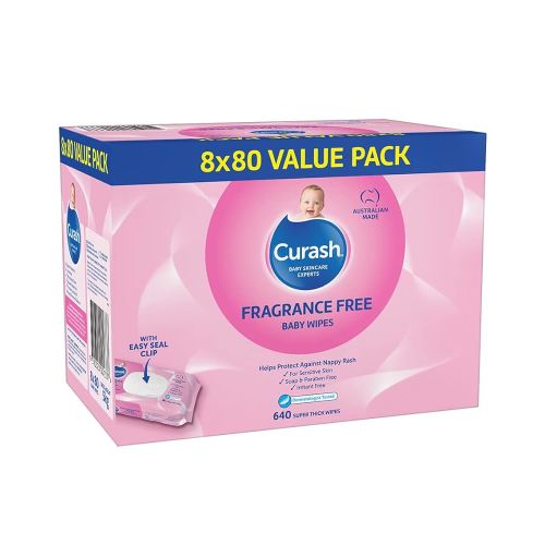 Curash Fragrance Free Baby Wipes, 8 x 80 Pack - For Sensitive Skin, Suitable for Newborns, Thick And Soft Texture, No Soap, Alcohol Or Parabens - Everyday Cleansing And Nappy Changes - 640 Wipes