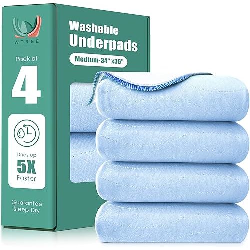 Cosy Family Waterproof Washable Underpads, 34" x 36" - Heavy Absorbency Reusable Bedwetting Incontinence Pads for Adults, Elderly and Pets - Protective Pad, White and Light Blue, (Pack of 4)