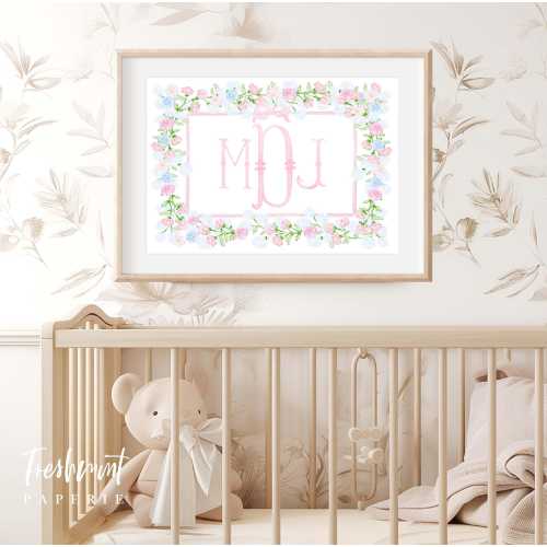 Watercolor monogram, Nursery Monogram, Pink floral Monogram, Nursery wall art, Whimsical floral nursery art, Ribbon, Baby Girl