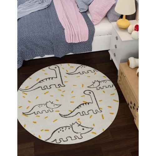 Unique Loom Whimsy Kids Collection Area Rug - Dinosaur (6' 1" Round Ivory/Yellow)