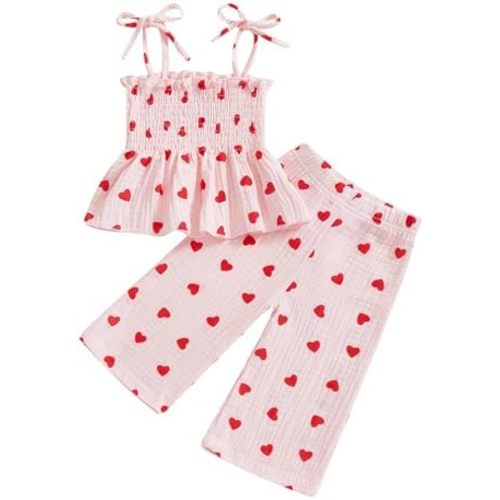 VISGOGO Toddler Baby Girl Outfits Sleeveless Smocked Strap Camisole Linen Pants Bow Baby Summer Clothes