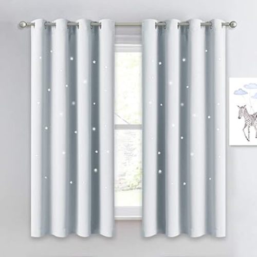 NICETOWN Room Darkening Curtain Panel - Kids Curtains Drape with Twinkle Hollow Star Laser Cut Out Design Window Treatment for Nursery/Kid's Bedroom (1 Panel,52W x 63L, Greyish White)