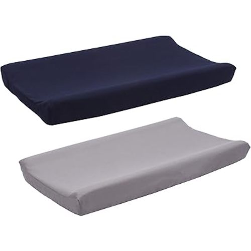 Belsden 2 Pack Microfiber Soft Changing Pad Cover Set, with 2 Considerate Safety Belt Holes, Durable Diaper Change Table Sheet Set for Baby Boys, 16" by 32" plus generous 8" depth, Grey & Navy Colors