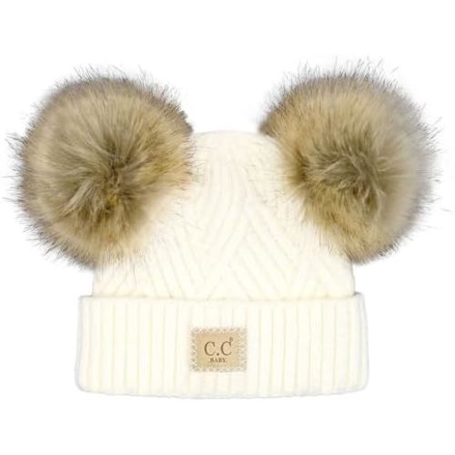 C.C Kids' Babies' Soft Stretch Cable Knit Faux Fur Pom Pom Beanie Hat