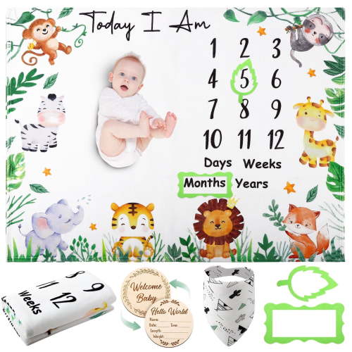 Kaboer Milestone Blanket for Baby Boy, 60x40 Inches Animals, Soft Flannel, Monthly Milestone Photography Background