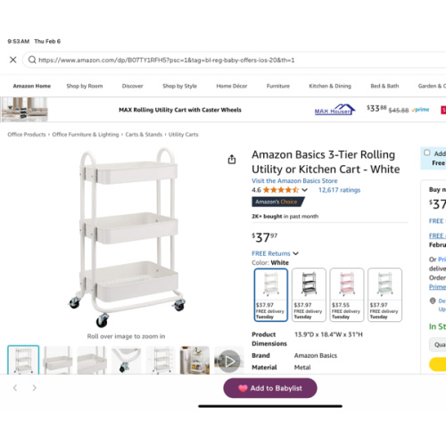 Amazon Basics 3-Tier Rolling Utility or Kitchen Cart - White