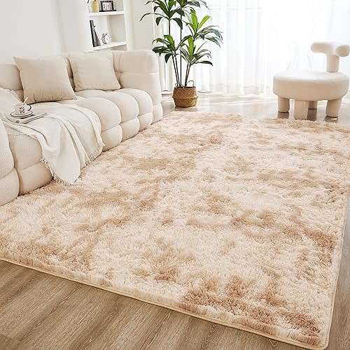 Litanika 4x6 Shag Area Rug for Living Room Bedroom, Tie-Dyed Beige Fluffy Shaggy Fuzzy Nursery Kids Girls Boys Room Rug, Cream Soft Plush Furry Bedside Carpet, Non-Slip, Non-Shedding Indoor Floor Rug