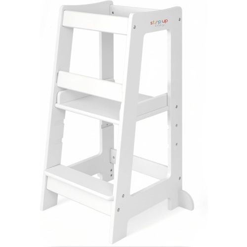 Stepup Baby Toddler Standing Tower - 3 Level Adjustable Wooden Kitchen Step Stool, Bathroom Sink, Kitchen Counter, Kids 18 Months to 4 Years Gift - White