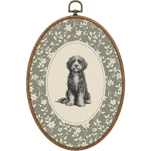 RUKUPA Vintage Bernedoodle Dog Floral Oval Wall Art, Catalan Sheepdog Dog Gifts Wall Hanging Decor, Rustic Farmhouse Oval Canvas Artwork Framed Prints for Home Bedroom Living Room, 8.6x11.4 Inch