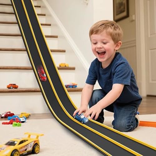 Upgrade Flexible Race Track Flex Tracks for Kids 3+, 15Ft Race Car Track Compatible with Diecast 1/64th Cars, Flexible Car Track Roll Up Car Ramp Toy with Strong Suction Cups