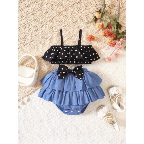 Baby Girl Polka Dot Print Ruffle Trim Cami Top & Bow Front Shorts