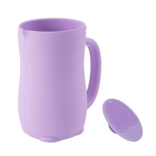 mandoo Baby Bath Rinse Cup - Food Grade Silicone - Shampoo & Body Washing Rinser Cup for Kids with Easy Grip Handle to Rinse Baby Shampoo and Soap - Baby Essentials(Purple+Brush