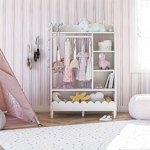 Max & Finn Cloud Kids Dress Up Storage and Clothing Rack with Toy Organizer and Shelves, White