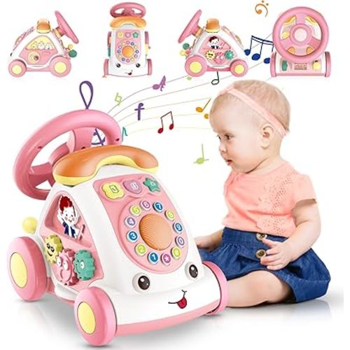 Toys for 1+ Year Old Girls - First Birthday Gift for Girls- Music Toddler Toys with Car/Sound/Music/Steering Wheel/Telephone/Lights Multi-Functional Car Early Educational Birthday Gift for Girl