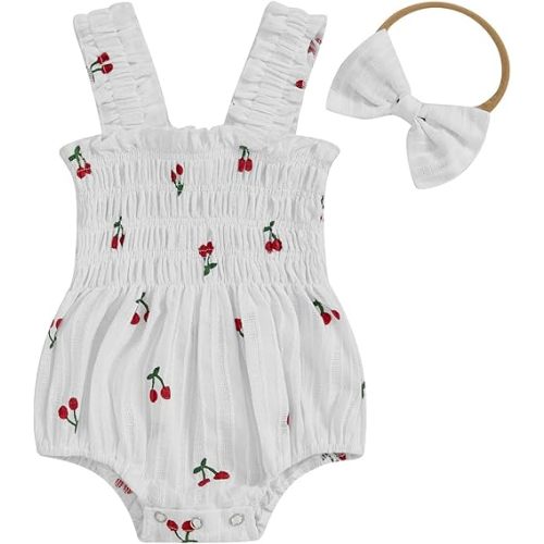 Baby Girl Cotton Linen Romper Cherry Sleeveless Smocked Bubble Bodysuit Frilly Jumpsuit Newborn Summer Clothes