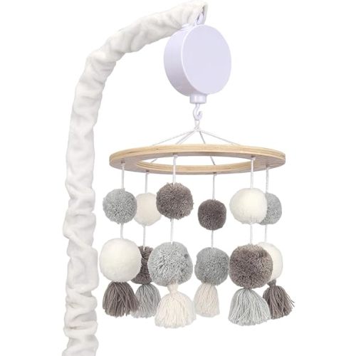 Lambs & Ivy Signature Pom Pom Musical Baby Crib Mobile - White/Gray