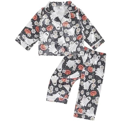 Kids Girl Valentines Pajamas Long Sleeve Heart Print Lapel Button Shirt Pajama Pants 2Pcs Girls Pjs Sleepwear