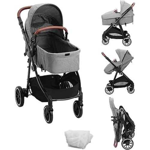VEVOR Standard Baby Stroller, Infant Toddler Stroller with Bassinet, 3rd-Gear Adjustable Backrest & Foldable & Reversible Seat, Carbon Steel Newborn Stroller with Leg Cover and Mesh Net, Black