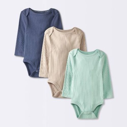 Baby 3pk Solid Long Sleeve Wide Ribbed Bodysuit - Cloud Island™ Blue 0-3m