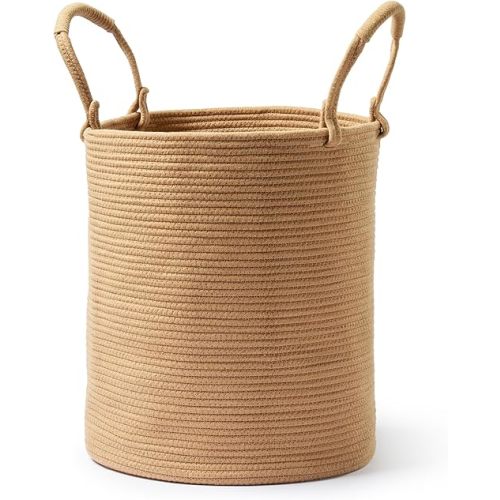 Cotton Rope Basket, 15”D x 18”H – Large/Tall Woven Hamper for Nursery, Laundry, Toys, Clothes, Linen, Yoga Mat – Storage Bin for Living Room, Bedroom, Boho Décor – Khaki