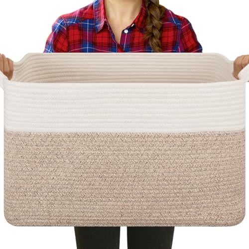 OIASKET Blanket Basket for Living Room, Cotton Rope Basket for Storage, Toy Basket Bin for kids, Woven Basket with Handles for Clothes, Towels, Pillows, 20" x 16" x 12", Brown and White