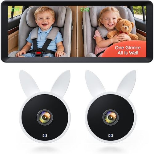 Dual Car Camera Baby Monitor for 2 Kids, 7.2" HD 1080P Split Screen Backseat Camera with Auto IR Night Vision,Easy Setup for Infant Pet Safety, Baby Car Mirror Rear Facing BV3 White