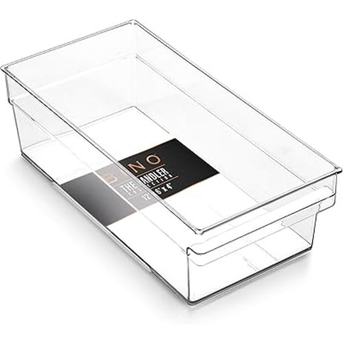 BINO | Plastic Storage Bins, Shallow Medium | THE HANDLER COLLECTION | Multipurpose | Kitchen Pantry &Freezer Organizers | Clear Containers for Organizing Home |