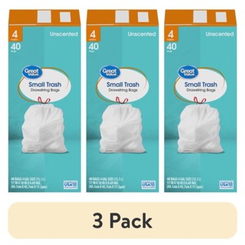 (3 pack) Great Value 4-Gallon Small Drawstring Trash Bags, 40 Bags