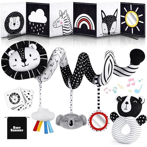 Joyreal High Contrast Baby Toys for Newborn, Black and White Baby Sensory Toys with Car Seat Toys,Infant Toys with Black White Cards Book, Montessori Toys for Baby Gifts