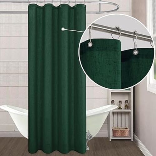 KOUFALL Dark Green Waterproof Linen Fabric Shower Curtain 54x72 Inch Length