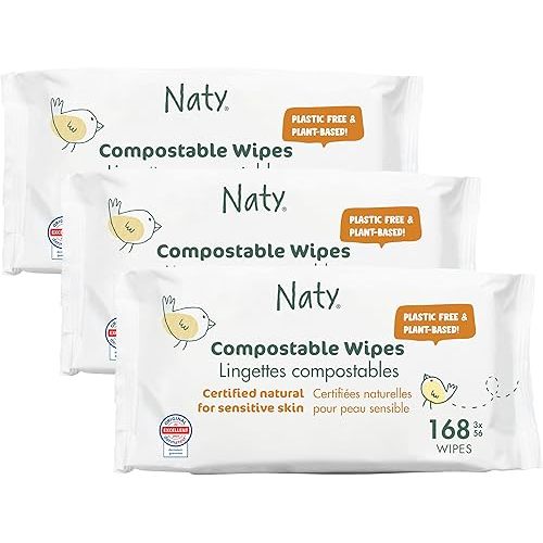 Naty Baby Wet Wipes | Natural, Unscented, 98% Purified Water for Sensitive Skin | Plant-Based & Fragrance-Free | Plastic-Free & Compostable | Gentle Diaper Wipes for Newborns | 168 Count (3 Packs)